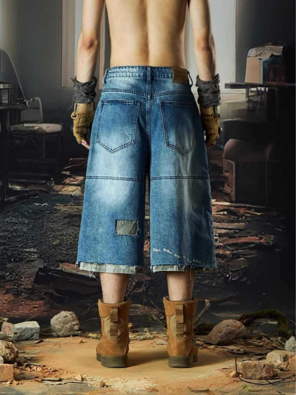 Férfi denim rövidnadrág – vintage, kamuflázs, koreai stílus, magas derék, capri hossz