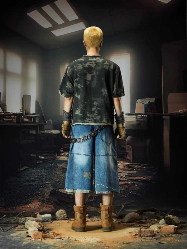 Férfi denim rövidnadrág – vintage, kamuflázs, koreai stílus, magas derék, capri hossz