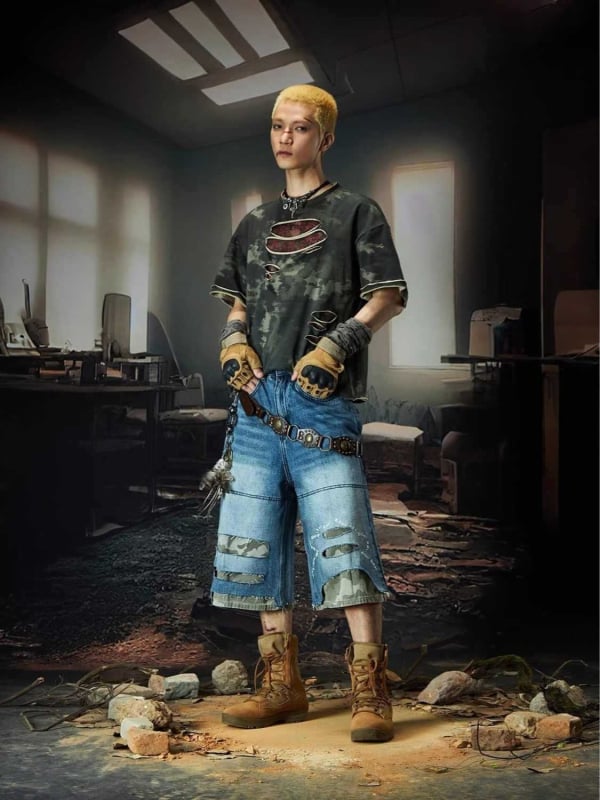 Férfi denim rövidnadrág – vintage, kamuflázs, koreai stílus, magas derék, capri hossz