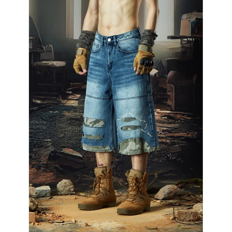 Férfi denim rövidnadrág – vintage, kamuflázs, koreai stílus, magas derék, capri hossz