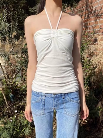 Pamukasti uski cami top s vezicama oko vrata – halter, japansko-korejski ležerni stil, mikro-elastičan