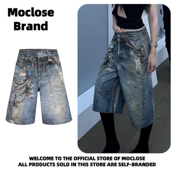 MOCLOSE șorturi denim cropped, stil stradal american, imprimare digitală, croi lejer, 80% bumbac, vară