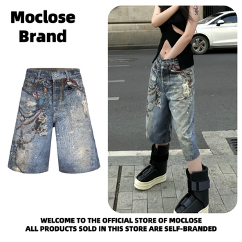 MOCLOSE șorturi denim cropped, stil stradal american, imprimare digitală, croi lejer, 80% bumbac, vară