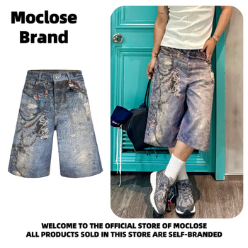 MOCLOSE șorturi denim cropped, stil stradal american, imprimare digitală, croi lejer, 80% bumbac, vară