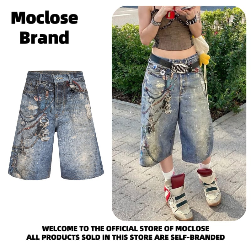 MOCLOSE șorturi denim cropped, stil stradal american, imprimare digitală, croi lejer, 80% bumbac, vară