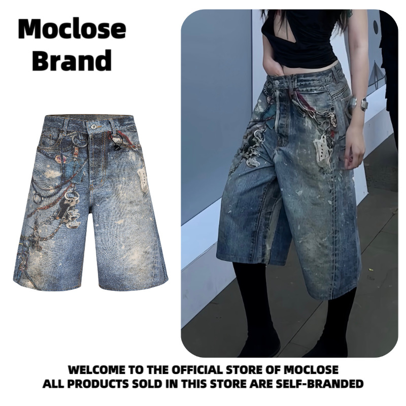 MOCLOSE șorturi denim cropped, stil stradal american, imprimare digitală, croi lejer, 80% bumbac, vară