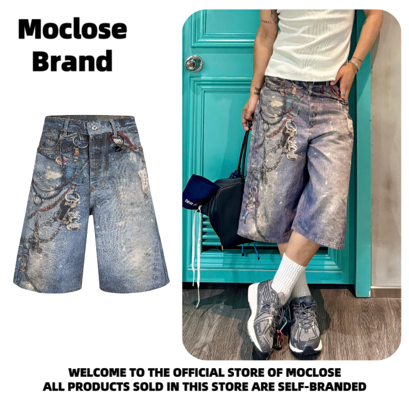 MOCLOSE șorturi denim cropped, stil stradal american, imprimare digitală, croi lejer, 80% bumbac, vară