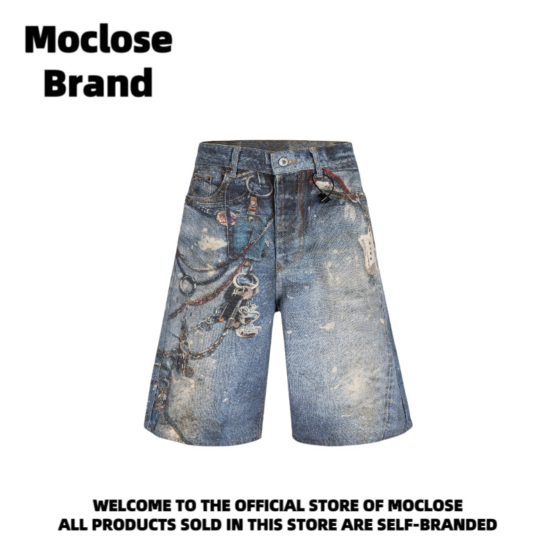 MOCLOSE șorturi denim cropped, stil stradal american, imprimare digitală, croi lejer, 80% bumbac, vară