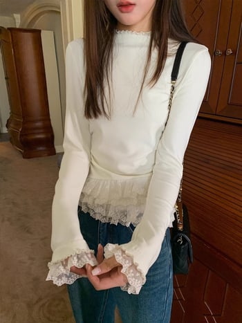 Tricou dama cu mânecă lungă, stil coreean, culoare solidă, țesătură poliester-elastan, guler semi înalt