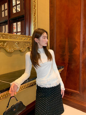 Tricou dama cu mânecă lungă, stil coreean, culoare solidă, țesătură poliester-elastan, guler semi înalt