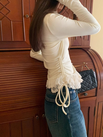 Tricou dama cu mânecă lungă, stil coreean, culoare solidă, țesătură poliester-elastan, guler semi înalt