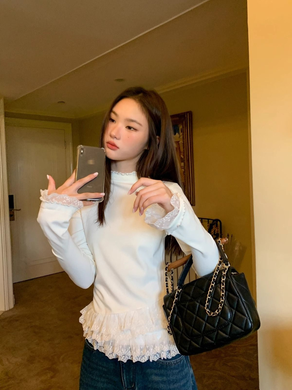 Tricou dama cu mânecă lungă, stil coreean, culoare solidă, țesătură poliester-elastan, guler semi înalt