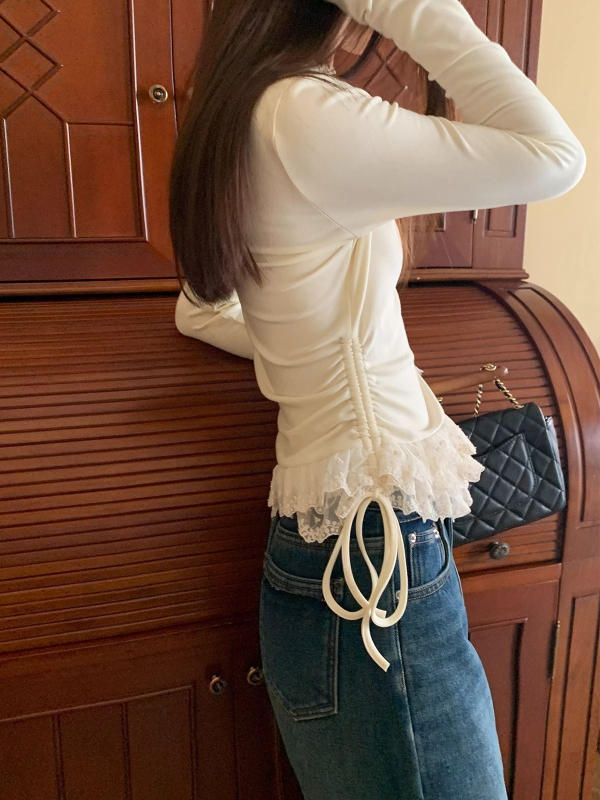 Tricou dama cu mânecă lungă, stil coreean, culoare solidă, țesătură poliester-elastan, guler semi înalt