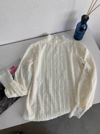 Tricou cu guler înalt, dantelă la guler, mâneci lungi, din poliester-elastan, model solid, lungime standard