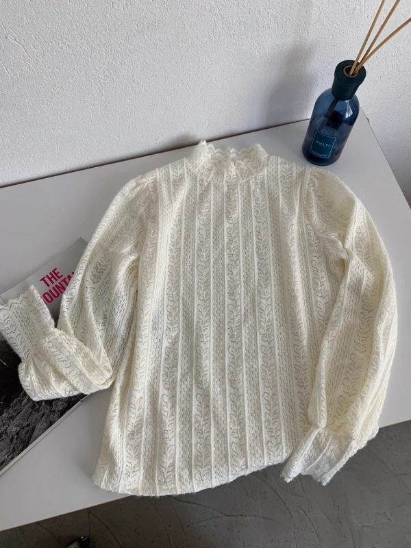 Tricou cu guler înalt, dantelă la guler, mâneci lungi, din poliester-elastan, model solid, lungime standard