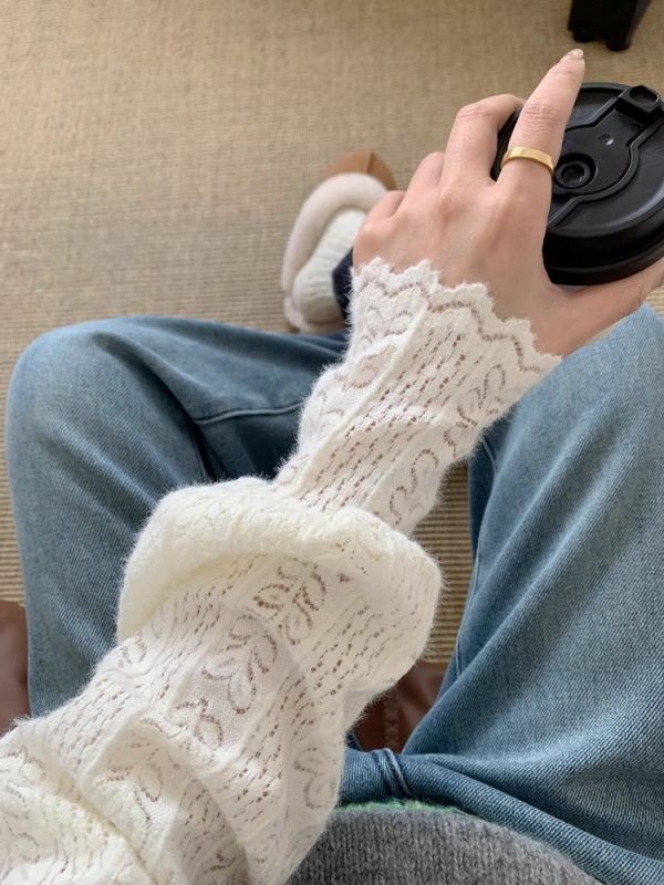 Tricou cu guler înalt, dantelă la guler, mâneci lungi, din poliester-elastan, model solid, lungime standard