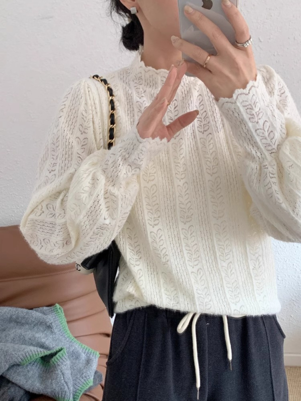 Tricou cu guler înalt, dantelă la guler, mâneci lungi, din poliester-elastan, model solid, lungime standard