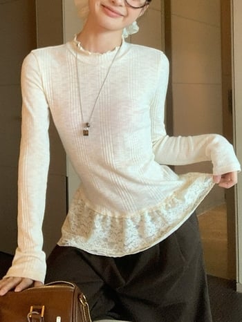 Tricou T cu margine dantelată, mâneci lungi, guler rotund, croială slim, poliester, lungime normală (Poliester; Mâneci lungi; Guler rotund; Croială slim; Lungime normală)