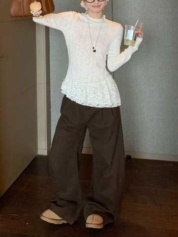 Tricou T cu margine dantelată, mâneci lungi, guler rotund, croială slim, poliester, lungime normală (Poliester; Mâneci lungi; Guler rotund; Croială slim; Lungime normală)