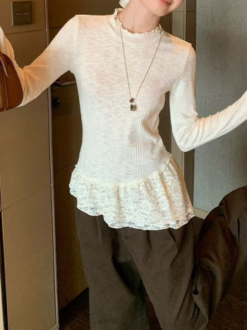 Tricou T cu margine dantelată, mâneci lungi, guler rotund, croială slim, poliester, lungime normală (Poliester; Mâneci lungi; Guler rotund; Croială slim; Lungime normală)