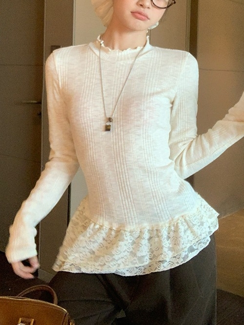 Tricou T cu margine dantelată, mâneci lungi, guler rotund, croială slim, poliester, lungime normală (Poliester; Mâneci lungi; Guler rotund; Croială slim; Lungime normală)