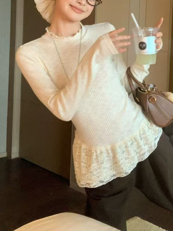 Tricou T cu margine dantelată, mâneci lungi, guler rotund, croială slim, poliester, lungime normală (Poliester; Mâneci lungi; Guler rotund; Croială slim; Lungime normală)