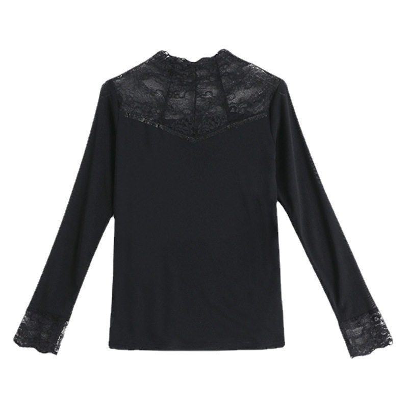 Top pentru femei din plasă de nylon cu căptușeală de tulle, guler semiînalt, mâneci lungi, croială slim