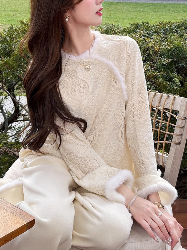 Pulover tricotat cu glugă din bumbac-poliester, model brodat cu plante și flori, croială largă