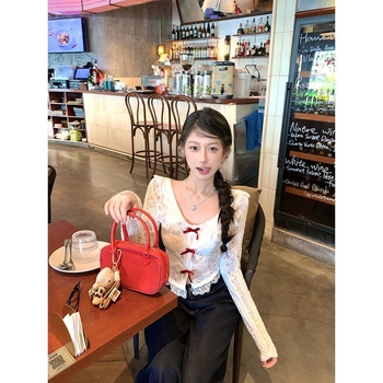 Top din dantelă cu guler de tip păpușă, mâneci lungi, 95% poliester, stil cardigan, urban