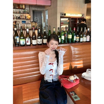 Top din dantelă cu guler de tip păpușă, mâneci lungi, 95% poliester, stil cardigan, urban