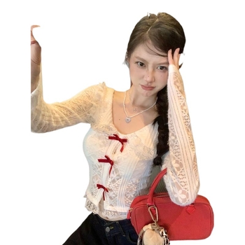 Top din dantelă cu guler de tip păpușă, mâneci lungi, 95% poliester, stil cardigan, urban