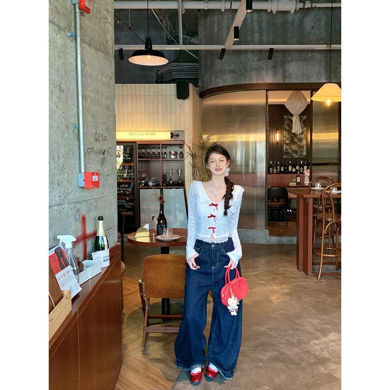 Top din dantelă cu guler de tip păpușă, mâneci lungi, 95% poliester, stil cardigan, urban