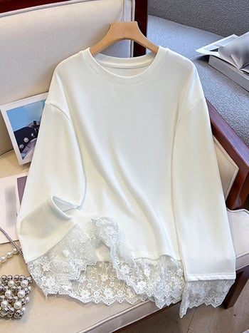 Tricou de damă cu mânecă lungă, inserții de dantelă, lungime medie, poliester, guler rotund, croială lejeră