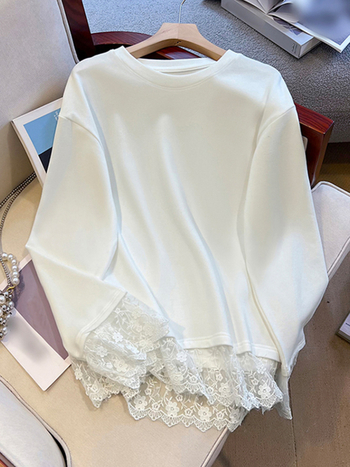 Tricou de damă cu mânecă lungă, inserții de dantelă, lungime medie, poliester, guler rotund, croială lejeră