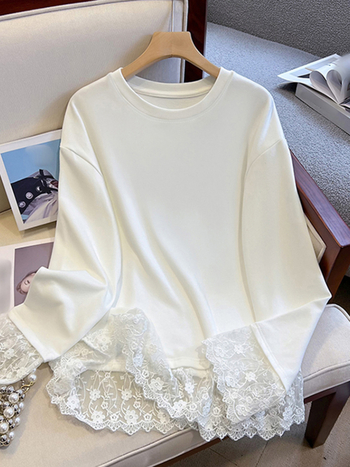 Tricou de damă cu mânecă lungă, inserții de dantelă, lungime medie, poliester, guler rotund, croială lejeră