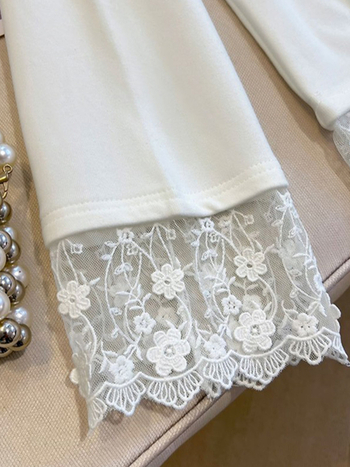 Tricou de damă cu mânecă lungă, inserții de dantelă, lungime medie, poliester, guler rotund, croială lejeră