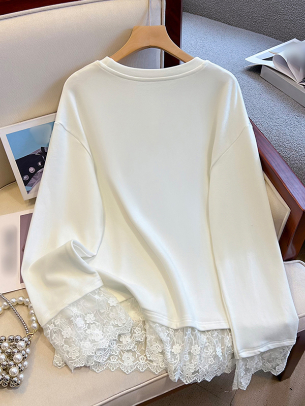 Tricou de damă cu mânecă lungă, inserții de dantelă, lungime medie, poliester, guler rotund, croială lejeră