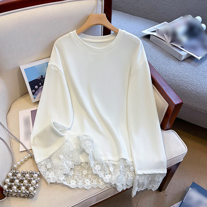 Tricou de damă cu mânecă lungă, inserții de dantelă, lungime medie, poliester, guler rotund, croială lejeră
