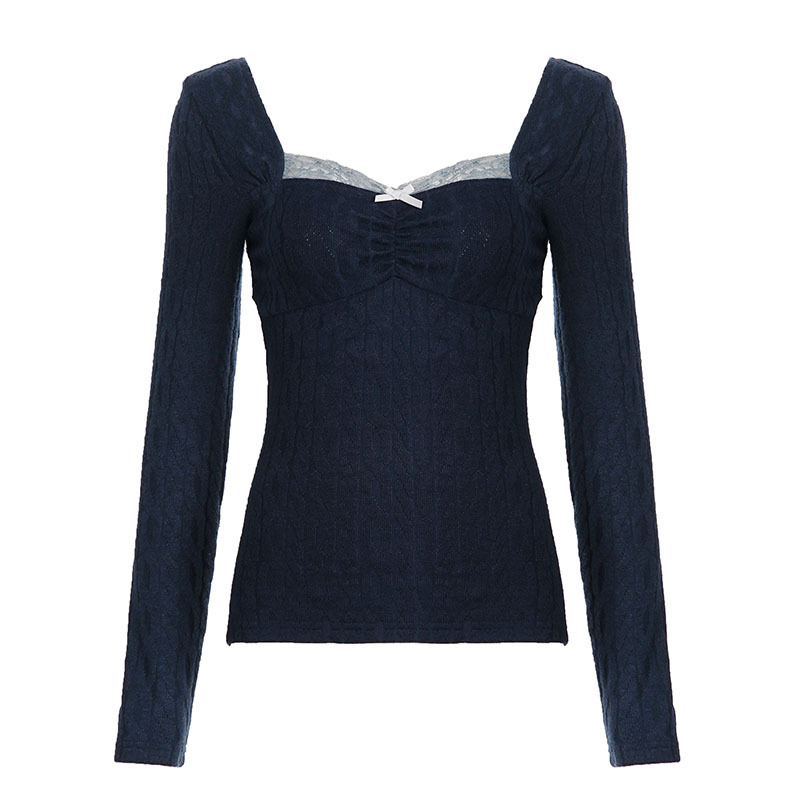 Pulover din poliester și elastan, guler pătrat, croială slim, mâneci lungi