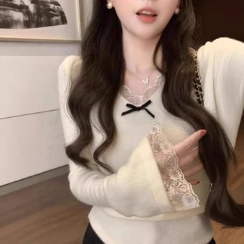 Top tricotat cu dantelă și broderie, decolteu în V, oversize, pentru toamnă-iarnă, viscoză 70–80%