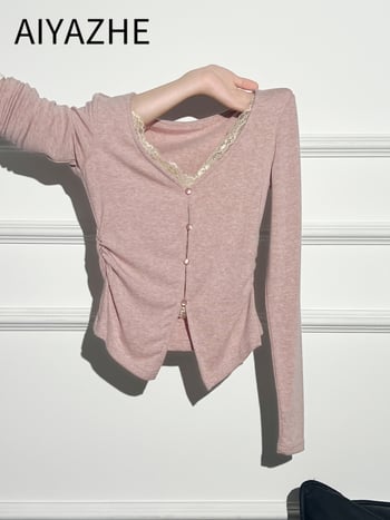 Tricou din poliester cu decolteu în V, mâneci lungi, croi slim, culoare solidă