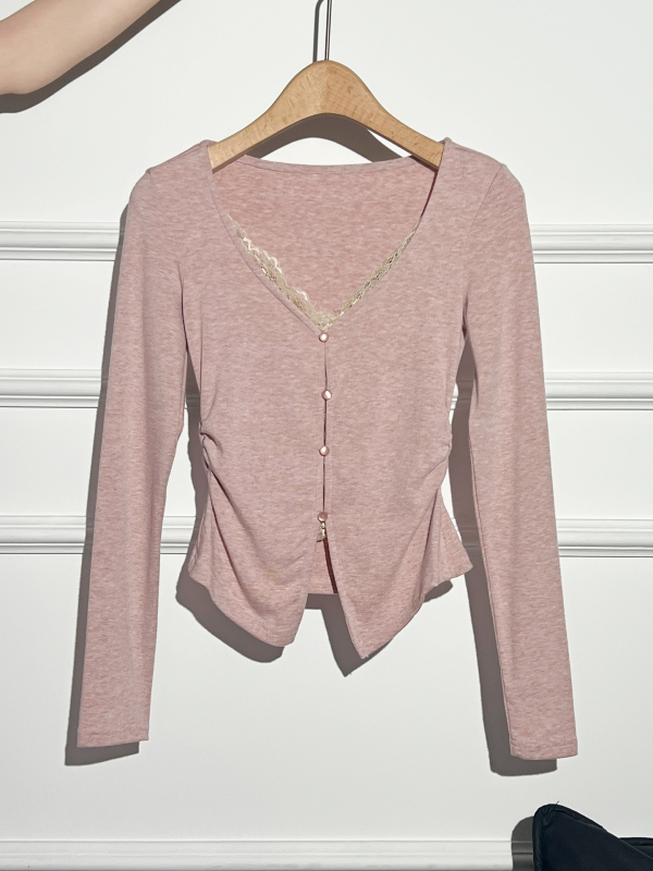 Tricou din poliester cu decolteu în V, mâneci lungi, croi slim, culoare solidă