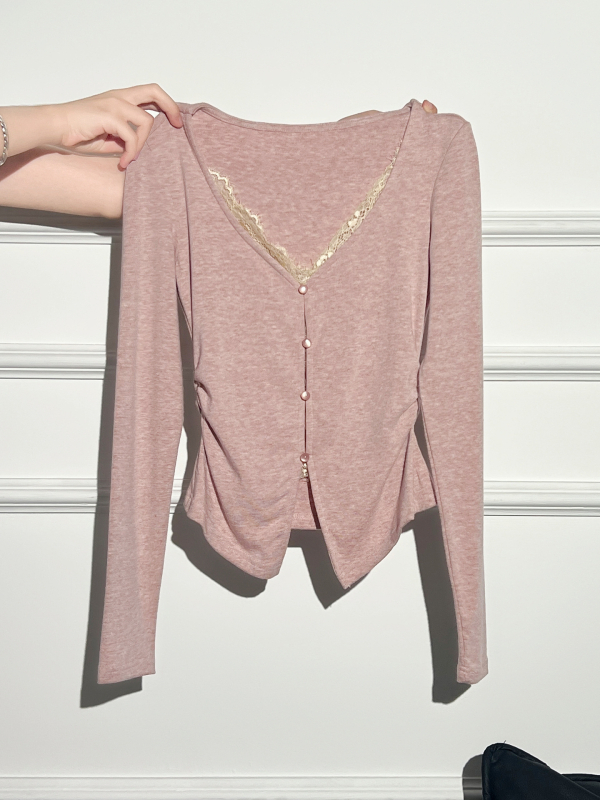 Tricou din poliester cu decolteu în V, mâneci lungi, croi slim, culoare solidă