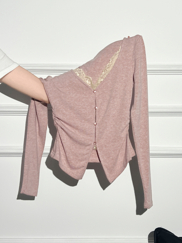 Tricou din poliester cu decolteu în V, mâneci lungi, croi slim, culoare solidă