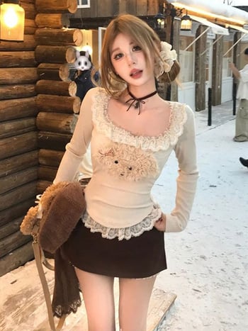 Tricou tricotat pentru femei cu imprimeu animal, decolteu pătrat, mâneci lungi, siluetă cu accent pe talie