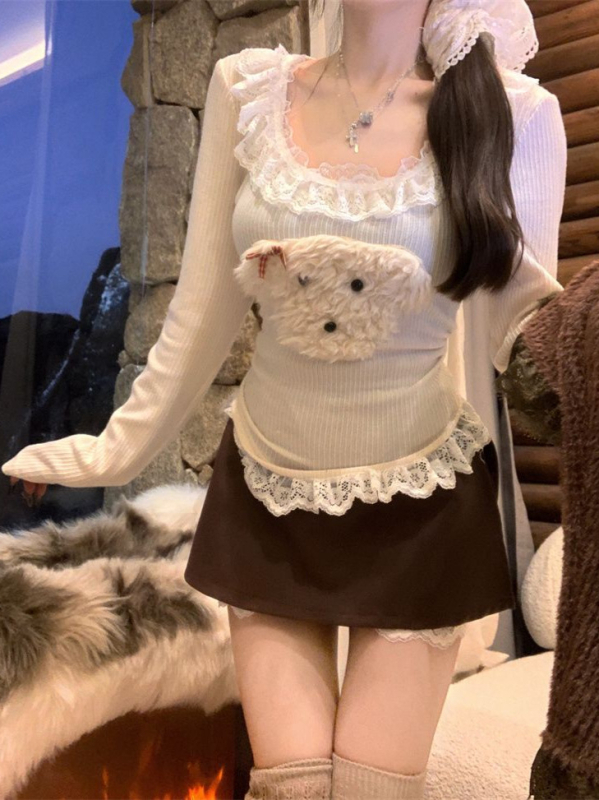 Tricou tricotat pentru femei cu imprimeu animal, decolteu pătrat, mâneci lungi, siluetă cu accent pe talie