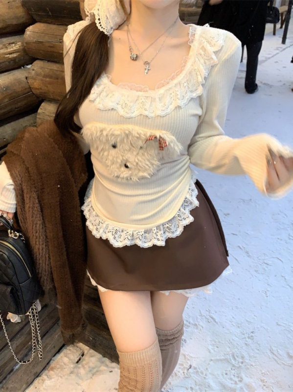 Tricou tricotat pentru femei cu imprimeu animal, decolteu pătrat, mâneci lungi, siluetă cu accent pe talie