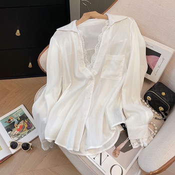 Top pentru femei cu dantelă, efect faux două piese, mâneci lungi, lungime medie, guler polo, poliester