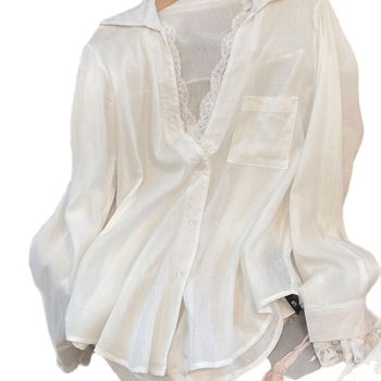 Top pentru femei cu dantelă, efect faux două piese, mâneci lungi, lungime medie, guler polo, poliester