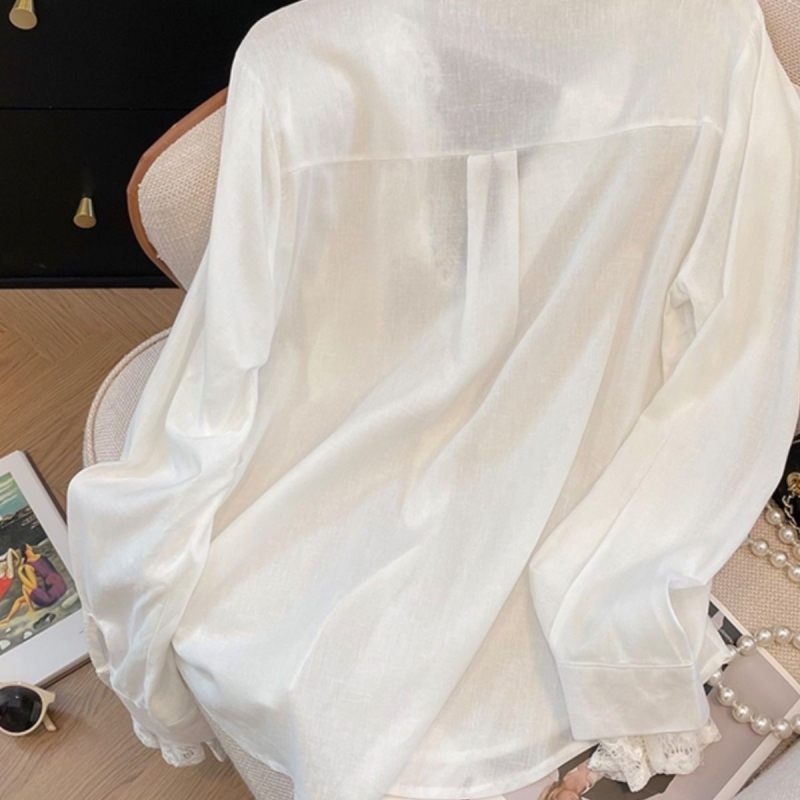 Top pentru femei cu dantelă, efect faux două piese, mâneci lungi, lungime medie, guler polo, poliester